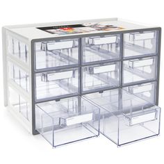 the drawers are clear and have many compartments on each side for storing magazines or other items