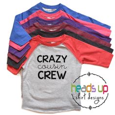 "This adorable \"Crazy Cousin Crew\" shirt is perfect for your little one. It also makes a great gift! It is made using high quality heat transfer vinyl and comes on gray/pink, gray/blue, gray/red, gray/smoke, gray/purple and gray/burgundy shirt. Sleeve color can be chosen from the drop down menu at checkout. This listing is for ONE shirt. Other Designs Available ! (Please see my other listings) **SIZING** We use the Rabbit Skins/LAT brand shirts. These 3/4 sleeved shirts run true/slightly big i Crazy Cousin Crew, Best Friends Shirts, Cousins Shirts, Cousin Shirts, Crazy Cousins, Twins Boy, Friends Shirts, Trendy Family, Family Reunion Shirts