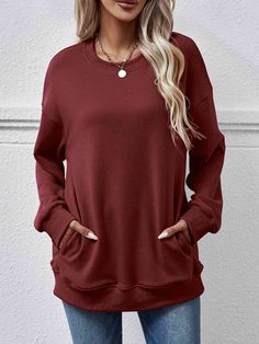 Features: Basic style Sheer: Opaque Stretch: No stretch Material composition: 100% polyester Care instructions: Machine wash cold. Tumble dry low. Imported Product measurements: S: length 28.1 in, bust 41.7 in, sleeve length 19.9 in, shoulder 23 inM: length 28.5 in, bust 43.7 in, sleeve length 20.3 in, shoulder 23.5 inL: length 28.9 in, bust 46.2 in, sleeve length 20.7 in, shoulder 23.9 inXL: length 29.3 in, bust 48.2 in, sleeve length 21.1 in, shoulder 24.4 in Solid Color Tops With Pockets For Leisure, Solid Leisure Tops With Pockets, Leisure Solid Tops With Pockets, Solid Tops With Pockets For Leisure, Solid Color Sweatshirt With Pockets And Relaxed Fit, Sporty Tops With Pockets For Leisure, Long Sleeve Solid Sweatshirt With Pockets, Solid Color Tops With Ribbed Cuffs For Leisure, Solid Color Leisure Tops With Ribbed Cuffs