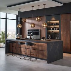 a modern kitchen with marble counter tops and dark wood cabinets, along with black bar stools