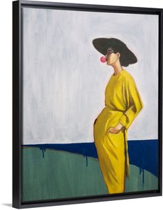 a painting of a woman wearing a yellow dress and black hat