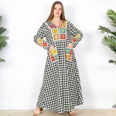 "This bohemian multicolor embroidery dress is a an eye catcher! It is an extremely comfortable wear, light and soft and can be used on many occasions - home gatherings, festival parties, summer occasions, dinners, or just in your home to feel comfortable. Fabric : 80% Egyptian Cotton; 20% Polyester. Kaftan measurements in inches : Medium (Size 8/10 USA) Bust : 39-40 Hip : 45-46 Large (Size 12/14 USA) Bust : 44-45 Hip : 50-51 XL (Size 16/18 USA) Bust : 47-48 Hip : 53-54 XXL (Size 20/22 USA) Bust : 49-50 Hip : 55-56 Length : 57 inches (145cm) For your reference, the model is 5'4\" and a size Small (4 US). She is wearing a size Medium in the dress which is the smallest size we have. >> Shipping times<< We ship all orders with DHL or UPS Express within one to two business days. Delivery times Casual Long Multicolor Boho Dress, Multicolor Cotton Free Size Maxi Dress, Multicolor Cotton Boho Dress For Beach, Multicolor Cotton Boho Dress For Festival, Multicolor Floral Embroidery Maxi Dress For Beach, Multicolor Embroidered Dress For Beach In Spring, Cotton Dresses With Geometric Embroidery For Vacation, Casual Multicolor Embroidered Kaftan, Embroidered Cotton Maxi Dress With Long Sleeves