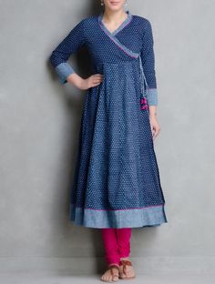 Buy Indigo Hand Block Printed Kalidar Angrakha by Aavaran Cotton Women Tops Muse Dabu Dyed Kurtas Skirts & More from Rajasthan Online at Jaypore.com Kurta Pattern, Marathi Bride, Indian Tops, Shweshwe Dresses, Salwar Pattern, Kurti Patterns, Salwar Designs, Kurti Designs Latest, Cotton Kurti Designs