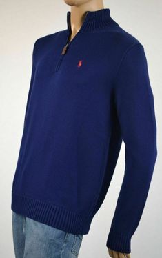 Polo Ralph Lauren Blue 1/2 Half Zip Sweater NWT ~*~*POLO by RALPH LAUREN*~*~ ~*~*New With Tags*~*~ This gorgeous sweatshirt is by Polo Ralph Lauren. In a fabulous Blue 100% cotton, this sweatshirt features a handsome collar and very cool zipper. The sleeves are long and have a ribbed cuff. A Red POLO logo upon the chest finishes this sweatshirt off quite nicely.       S M L XL XXL ARMPIT TO ARMPIT 20.5(52.5cm) 22.5”(57.5cm) 24”(61.0cm) 25”(63.5cm) 27.5”(69.9cm) SHOULDER TO FRONT HEM 24”(61.5cm) Navy Half-zip Casual Sweatshirt, Casual Navy Half-zip Sweatshirt, Blue Crew Neck Polo Sweater With Ribbed Cuffs, Blue Crew Neck Polo Sweater For Fall, Blue Casual Polo Sweater With Ribbed Cuffs, Blue Half-zip Sweatshirt With Ribbed Cuffs, Navy Cotton Polo Sweater For Winter, Blue Long Sleeve Polo Sweater With Ribbed Collar, Blue Cotton Sweater With Ribbed Collar