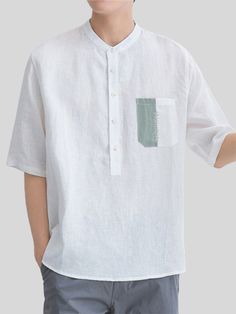 White Half Sleeve Shirt For Summer, White Half Sleeve Summer Shirt, White Shirt With Pockets And Casual Collar, Casual White Shirt With Pockets, White Casual Shirt With Casual Collar, White Beach Shirt With Pockets, White Cotton Top With Casual Collar, White Tops With Pockets For Vacation, White Half Sleeve Tops For The Beach