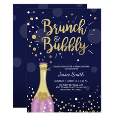 a brunch and bubbly party card with gold confetti on it