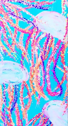 an abstract painting of jellyfish in blue and pink