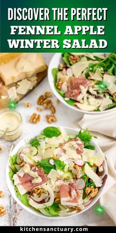 two white bowls filled with salad on top of a table next to bread and nuts