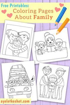 three coloring pages with the words free printables about family