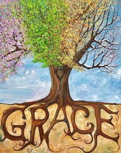 a painting of a tree with the word grace written in it's roots and flowers