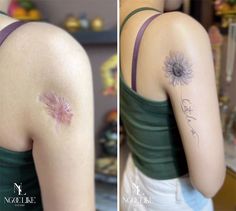 two pictures of the back of a woman's shoulder with a flower on it