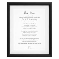 a framed poem with the words dear mom on it