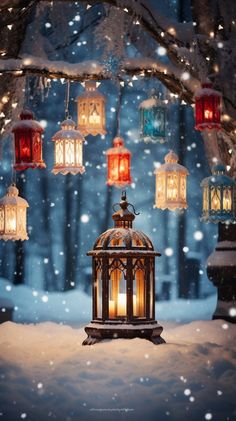 a lantern in the snow surrounded by lights