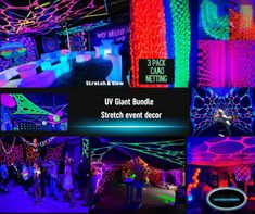 several different images of neon lights at a party