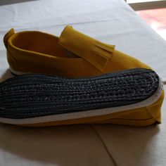 Never Worn Suede Fringe And Heel Summer Slip-on Suede Moccasins, Summer Suede Flat Moccasins, Summer Suede Moccasins With Rubber Sole, Flat Suede Moccasins For Spring, Spring Suede Flat Moccasins, Casual Yellow Slip-on Moccasins, Yellow Round Toe Slip-ons, Yellow Closed Toe Slip-ons With Rubber Sole, Yellow Slip-on Flats With Rubber Sole