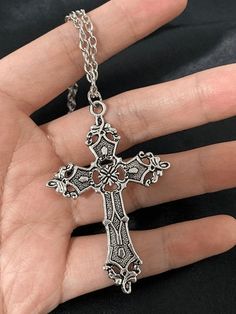 Silver color

 Size: One size

 Material: Alloy

 Length: 17.7 inches

 Casual style Cross Charm Necklace, Aesthetic Goth, Grunge Jewelry, Edgy Jewelry, Silver Cross Necklace, Dope Jewelry, Sparkle Jewelry, Funky Jewelry, Mens Accessories Jewelry