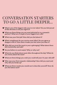 Elevate your connection with these meaningful conversation starters! Spark deeper conversations with your partner using these thoughtful prompts. From dreams and aspirations to cherished memories, explore new dimensions of your relationship. 💑 Strengthen your bond and build lasting memories together. ✨ Try these tonight! #RelationshipGoals #DeepConversations #LoveAndConnection #BuildingLastingLove 💖✨ Uncover the beauty of shared stories. Your journey to a more connected relationship starts now. Cute Things To Do For Your Partner, Deeper Conversation Starters, How To Start A Conversation, Marriage Conversations, First Date Conversation Starters