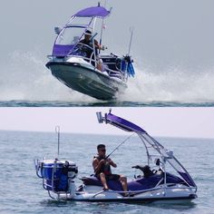 two pictures of people riding on the back of a boat in the water and one with a motorboat attached to it