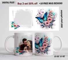 two coffee mugs with butterflies and flowers on them, one has a photo frame