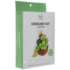 the crochet kit includes a potted cactus