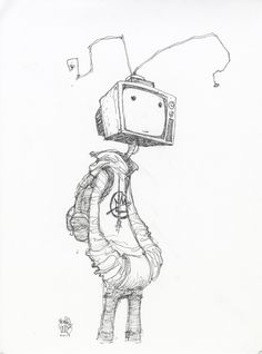 a drawing of a person with a tv strapped to their back, standing in front of a balloon