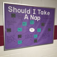 a purple and green poster with words on it that read should i take a nap?