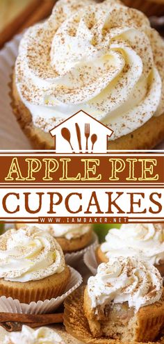 apple pie cupcakes with whipped cream on top