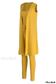 Olivia Mark - Stylish Womens Yellow Sleeveless Two-Piece Set with U Neckline and Patchwork Design Sleeveless Solid Color Loungewear Sets, Yellow Sleeveless Vest For Work, Sleeveless Suit, U Neck, Patchwork Designs, Casual Sets, Save The Planet, Two Piece Sets, Wholesale Fashion