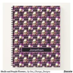 a spiral notebook with skulls and purple flowers on the cover, personalized for jonathan