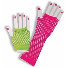 two pairs of pink and green gloves with white fingertipss on each hand, one in the