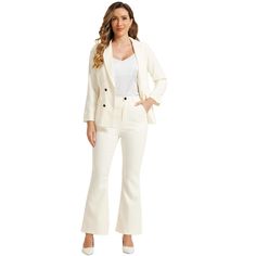 This casual work pants outfit is made up of several design points: A notched Lapel, Shoulder Pads, Long Sleeves, Double-Breasted, Pockets Blazer, Elastic Back Pants, Zipper with Button Closure, and Two Pockets for Pants. Classic and sophisticated, this business work suit set for women is the perfect addition to your professional wardrobe. The blazer features a timeless design with a single button closure and pockets, adding a touch of elegance to your office attire. White Workwear Sets With Pockets, Chic Workwear Sets With Pockets, White Fall Office Wear Sets, White Office Sets For Fall, White Suits With Pockets For Office, White Office Suits With Pockets, Fall White Pantsuit For Work, White Pantsuit For Fall Workwear, White Fall Pantsuit For Workwear