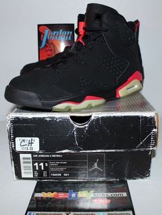 Up for sale we have a pair of Air Jordan Retro 6 VI Nike 2000 OG Infrared Black Sneakers Men's Size 11.5 136038-061 Brand New. The sneakers are 100% authentic and ready to ship. The sneakers have clear rubber bottoms which tend to turn yellow from its age. Due to the age of the item, the sneakers might be fragile and not wearable. We will ship out quickly once payment clears. If you have any questions regarding this item, please as before purchasing.. Thanks! All of Our Sneakers are Consigned to Air Cushioned Jordan Shoes For Streetwear, Lace-up Jordan Shoes With Air Cushioning For Streetwear, Air Cushioned Lace-up Jordan Shoes For Streetwear, Jordan Shoes With Air Cushioning For Streetwear, Air Jordan Retro 6, Jordan Retro 6, Retro 6, Air Jordan 6 Retro, Nike Air Jordan 6