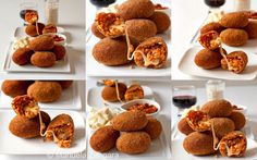 four pictures of different food items on white plates with wine glasses in the back ground