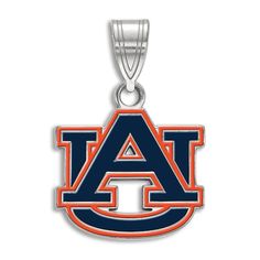 the auburn tigers logo is shown on an orange and blue pendant with silver bails