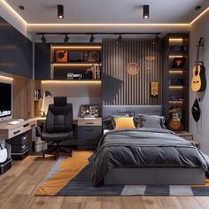 a bedroom with a bed, desk and guitar on the wall next to the tv