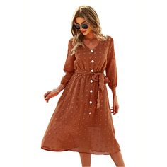 Brown 1/2 Sleeve Button Down V Neck Casual Dress Chic Brown Midi Dress With Buttons, Brown V-neck Midi Dress With Buttons, Brown Buttoned Midi Dress, Brown Button-up Dress With Button Cuffs, Button-up Brown Dress With Button Cuffs, Brown Button Closure Midi Dress For Summer, Brown Midi Dress With Button Closure, Brown Summer Midi Dress With Button Closure, Spring Brown Midi Dress With Button Closure