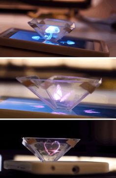 three different views of a cell phone with an upside down glass bowl on the screen