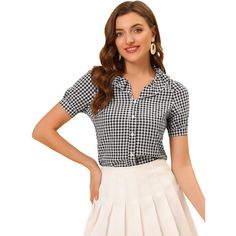 This Allegra K shirt is perfect for creating an ultra-feminine look with a statement Peter Pan collar. It's designed with a puff sleeve. The plaid and full placket highlights the perfect short sleeves with the button-down closure of this soft and straight shirt. This cute Peter Pan collar with lace trim will make you love this cute Gingham Puff Sleeve Ruffle Sleeves shirt top. Plaid Short Sleeve Preppy Tops, Preppy Short Sleeve Plaid Tops, Plaid Fitted Blouse With Puff Sleeves, Fitted Gingham Shirt With Short Sleeves, Fitted Plaid Puff Sleeve Blouse, Fitted Plaid Blouse With Puff Sleeves, Trendy Fitted Houndstooth Tops, Cotton Collared Top With Houndstooth Pattern, Chic Short Sleeve Plaid Blouse