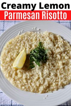 a bowl of creamy lemon parmesan risotto on a blue and white tablecloth