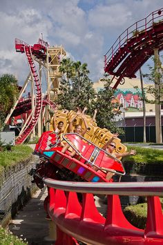 the roller coaster is red and yellow in color