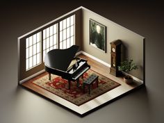 an aerial view of a living room with a grand piano in the corner and a painting on the wall