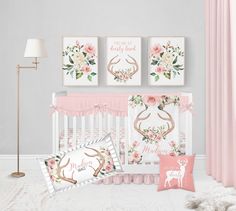 "Made just for your baby girl, you're going to LOVE this personalized woodland crib bedding set! Perfect for any baby girl deer crib bedding, personalize this baby girl crib bedding set with your baby's name on these personalized woodland crib bedding pieces for an adorable addition to your baby girl woodland nursery, deer nursery, southern nursery, country nursery, or pink floral nursery! ♥ CRIB BEDDING SET OPTIONS ~ 2 Piece Set: Deer crib sheet of your choice Personalized deer baby blanket ~ 3 Deer Nursery For Girl, Pink Deer Nursery, Southern Nursery, Nursery Country, Woodland Crib Sheets, Baby Girl Crib Sheets, Woodland Nursery Bedding