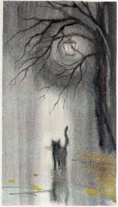 a painting of a person walking with a dog in the rain under a full moon