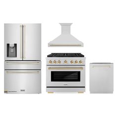 a white stove, refrigerator and oven with gold trimmings on the doors are shown