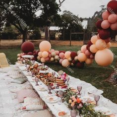 a long table is set up with balloons and plates for an outdoor party or gathering