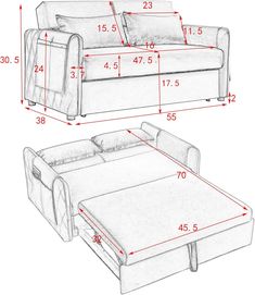 a couch and ottoman are shown with measurements for the sofa bed, which is also attached to