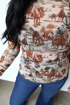 Who doesn't love a vintage western print? Vintage Cowboy Print Mesh Blouse Polyester RESTOCKED Retro Tops For Western-themed Summer Events, Retro Summer Tops For Western-themed Events, Brown Vintage Print Top For Spring, Western Style Blouse For Spring Rodeo, Long Sleeve Tops For Summer Rodeo, Summer Long Sleeve Tops For Rodeo, Country Style Tops For Fall Rodeo, Country Style Tops For Fall Country Events, Fitted Graphic Print Tops For Rodeo