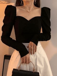 Ruched Puff Long Sleeve Blouse Ruched Puff Sleeve Blouse - AnotherChill Cats Photos, Trendy Blouses, Outfit Jeans, Puff Long Sleeves, Ruffle Long Sleeve, Looks Street Style, Puff Sleeve Blouse, Sweetheart Neck, Blouse Black