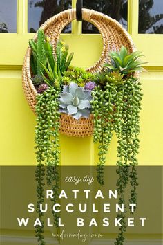 a basket with succulents hanging from it on the side of a yellow door