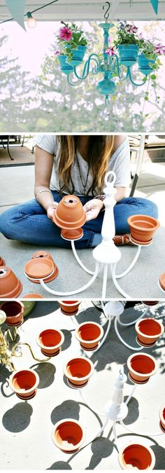 a woman sitting on the ground next to some pots